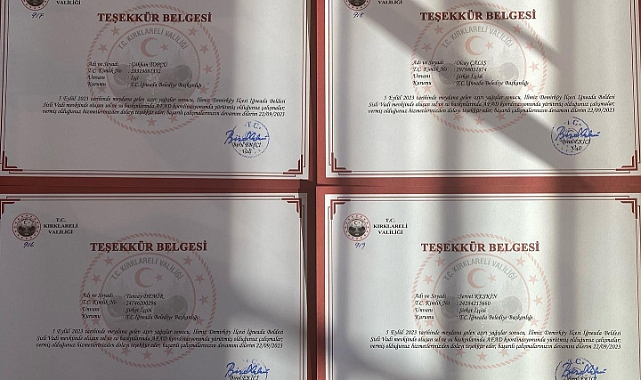 Belediye Personeline Teşekkür Belgesi...