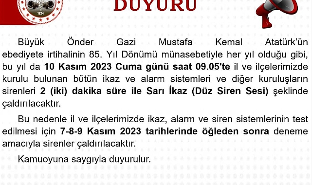Lüleburgaz’da saat 9’u 5 geçe sirenler Atatürk için çalacak