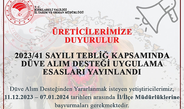 Düve Alım Desteği Başvuruları Başlıyor