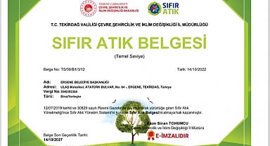 Ergene Belediyesine "Sıfır Atık" Belgesi