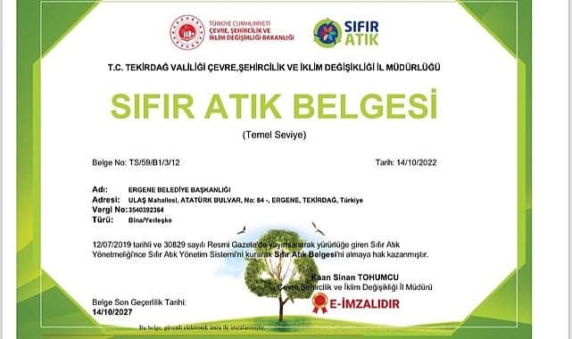 Ergene Belediyesine "Sıfır Atık" Belgesi