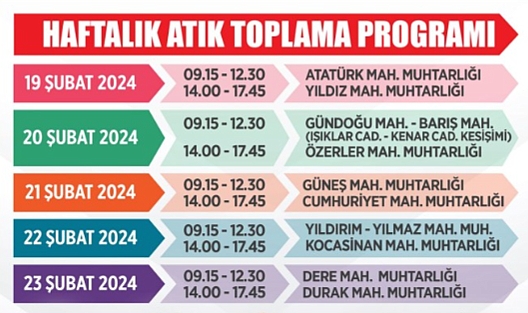 Haftalık Atık Toplama Programı Yayınlandı