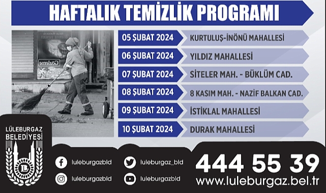 Lüleburgaz Belediyesi Haftalık Temizlik Programını Duyurdu
