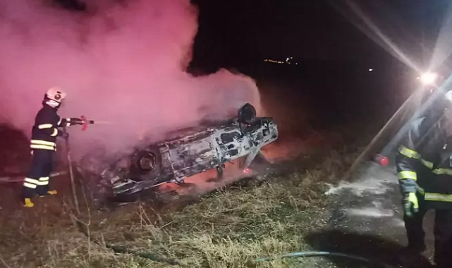 Takla atıp alev alan otomobilin sürücüsü, kazayı yara almadan atlattı