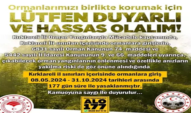 Kırklareli'nde ormanlara girişler 177 gün süreyle yasaklandı