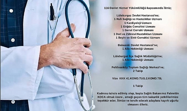 Kırklareli'ne Yeni Uzman Doktor Kadroları Atandı