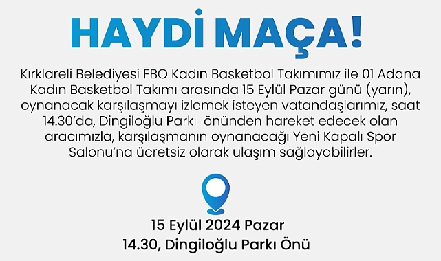 Kırklareli Belediyesi'nden Ücretsiz Ulaşım Duyurusu: Haydi Maça!