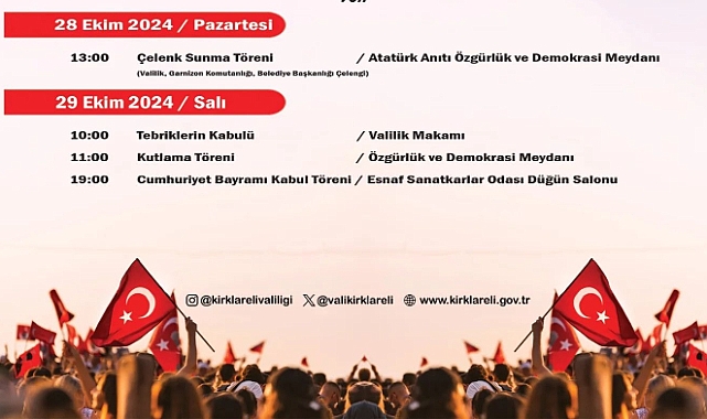 Kırklareli Valiliği'nden Cumhuriyet Bayramı Duyurusu